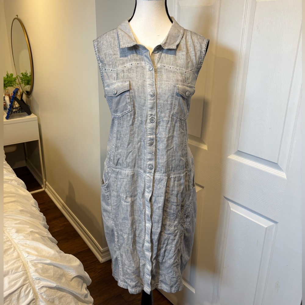 Dolcezza Linen Blend Sleeveless Button Front Shirt Dress Gray Large